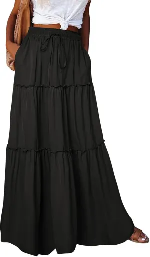 Long Skirts for Women Summer Flowy Boho Maxi Skirt Trendy Drawstring Elastic High Waist Tiered A Line Beach Skirts