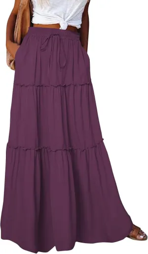 Long Skirts for Women Summer Flowy Boho Maxi Skirt Trendy Drawstring Elastic High Waist Tiered A Line Beach Skirts