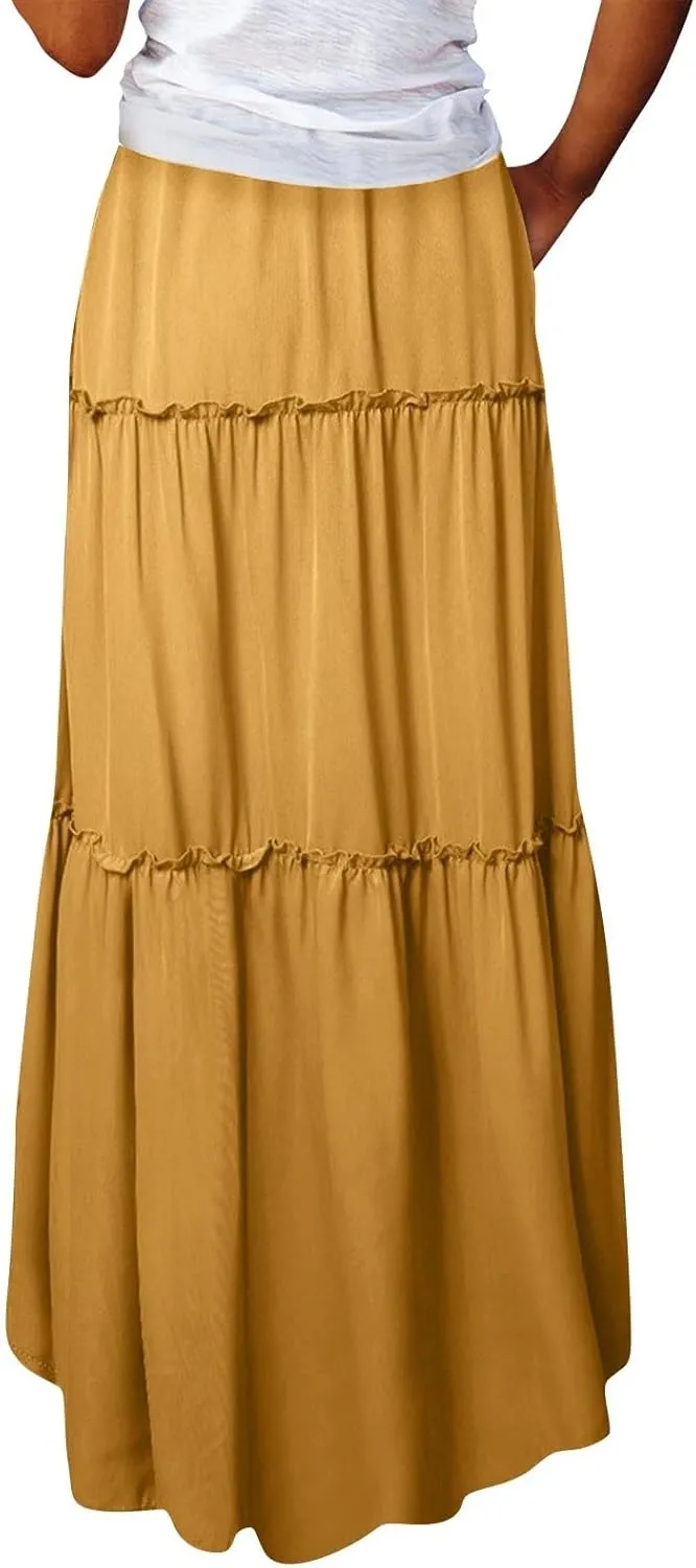 Long Skirts for Women Summer Flowy Boho Maxi Skirt Trendy Drawstring Elastic High Waist Tiered A Line Beach Skirts