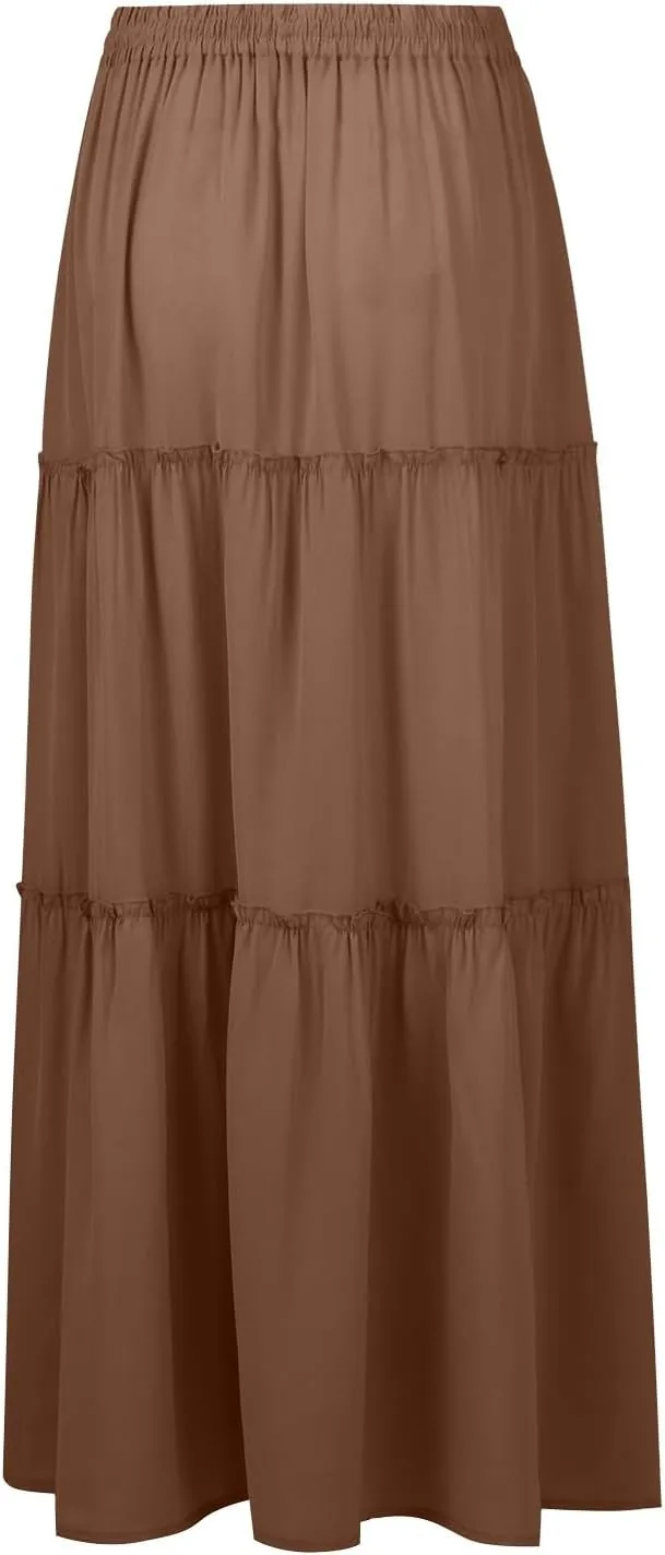 Long Skirts for Women Summer Flowy Boho Maxi Skirt Trendy Drawstring Elastic High Waist Tiered A Line Beach Skirts