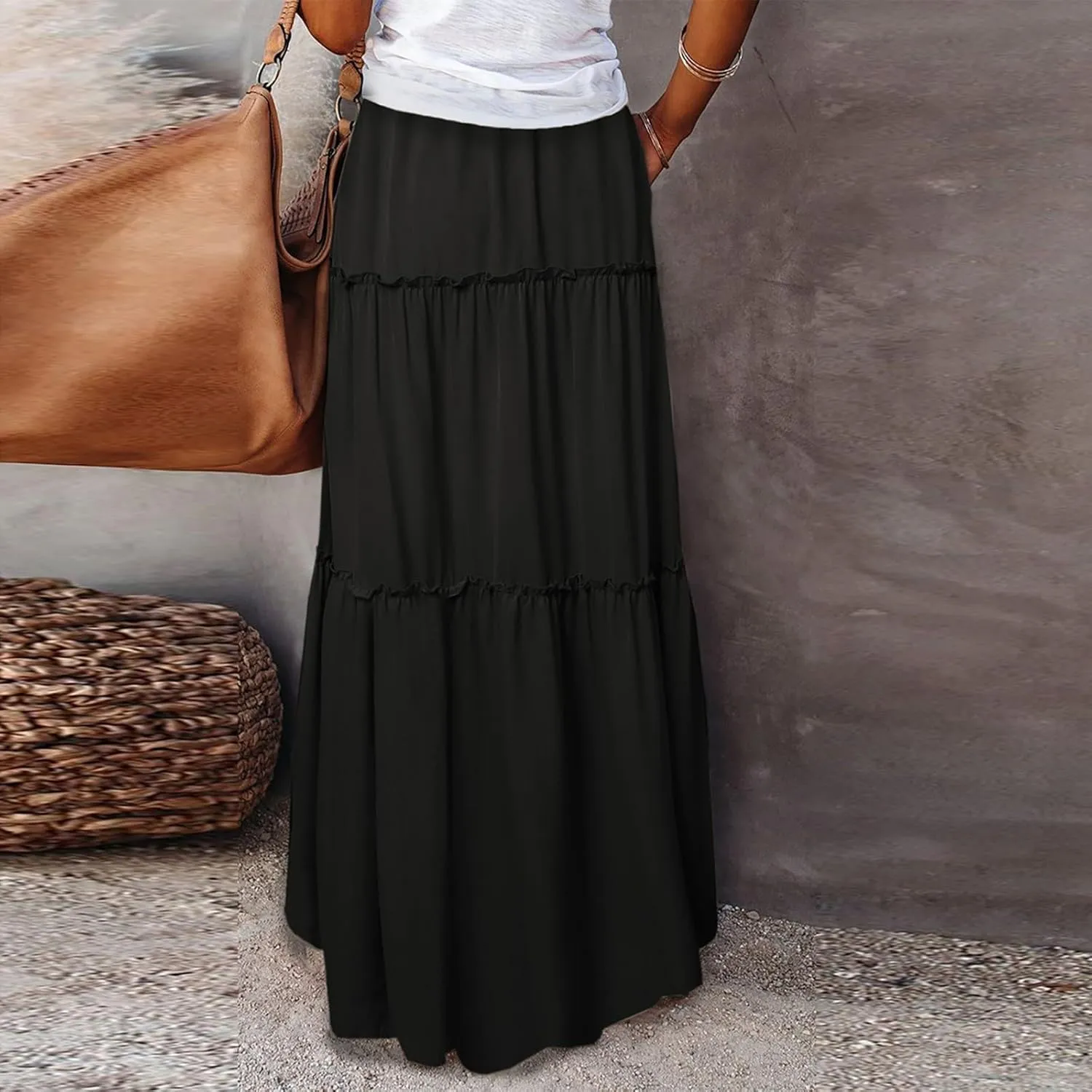 Long Skirts for Women Summer Flowy Boho Maxi Skirt Trendy Drawstring Elastic High Waist Tiered A Line Beach Skirts