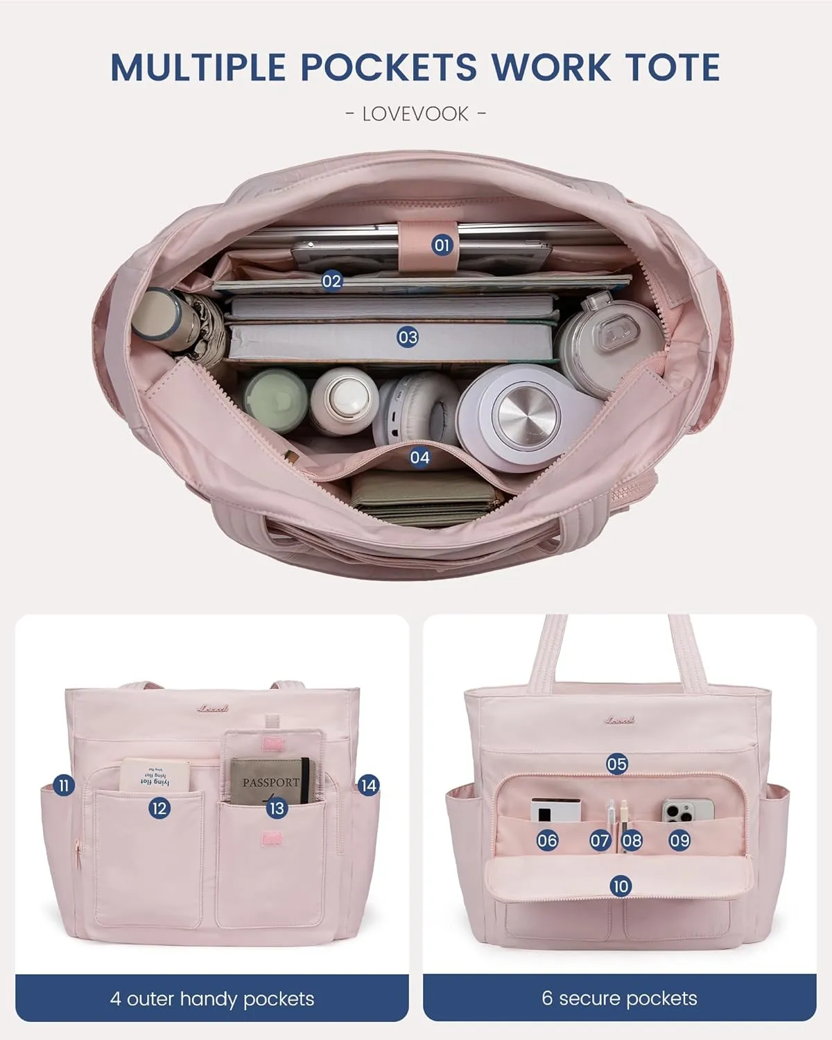 LOVEVOOK Tote Bag For Women,Water Resistant Work Tote Bags For Women With 14 Exterior & Interior Pockets,Top Zipper Closure