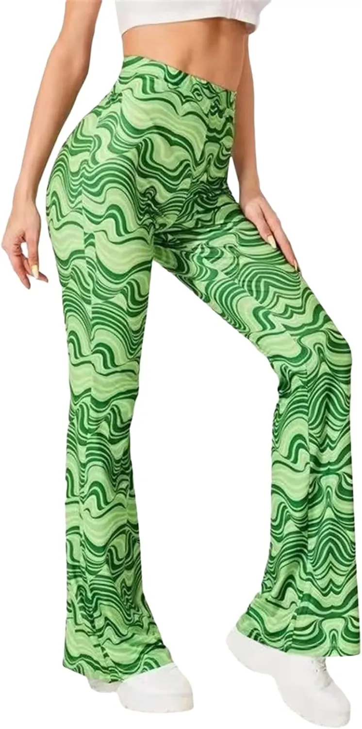 MAINESAKA Women Boho Flare Pants Floral Print High Waist Comfy Stretchy Slim Fits Yoga Bell Bottom Trousers