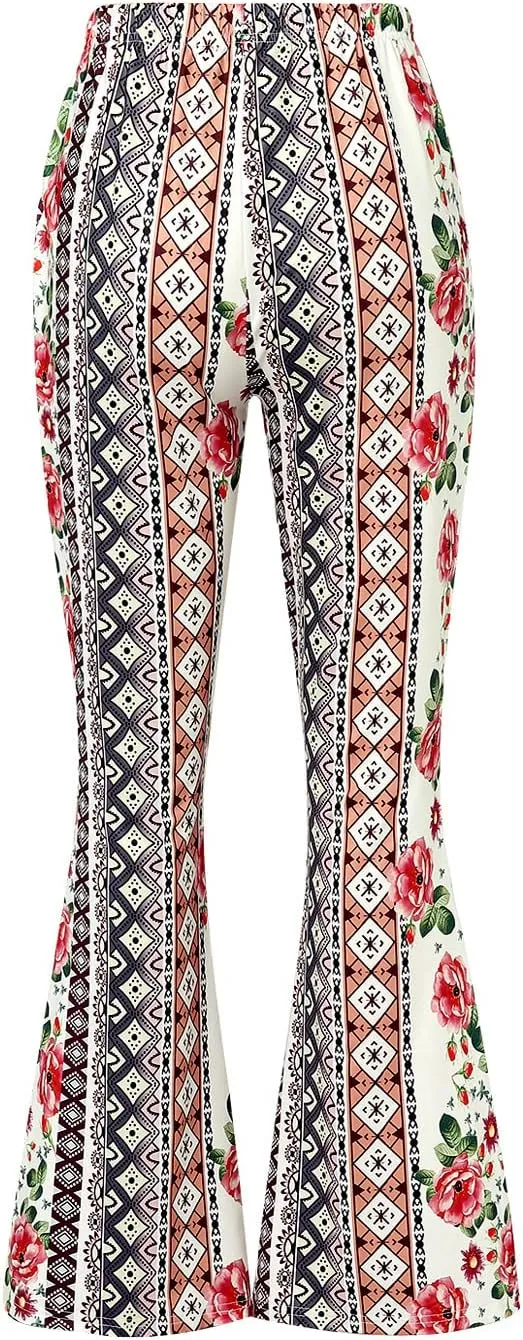 MAINESAKA Women Boho Flare Pants Floral Print High Waist Comfy Stretchy Slim Fits Yoga Bell Bottom Trousers
