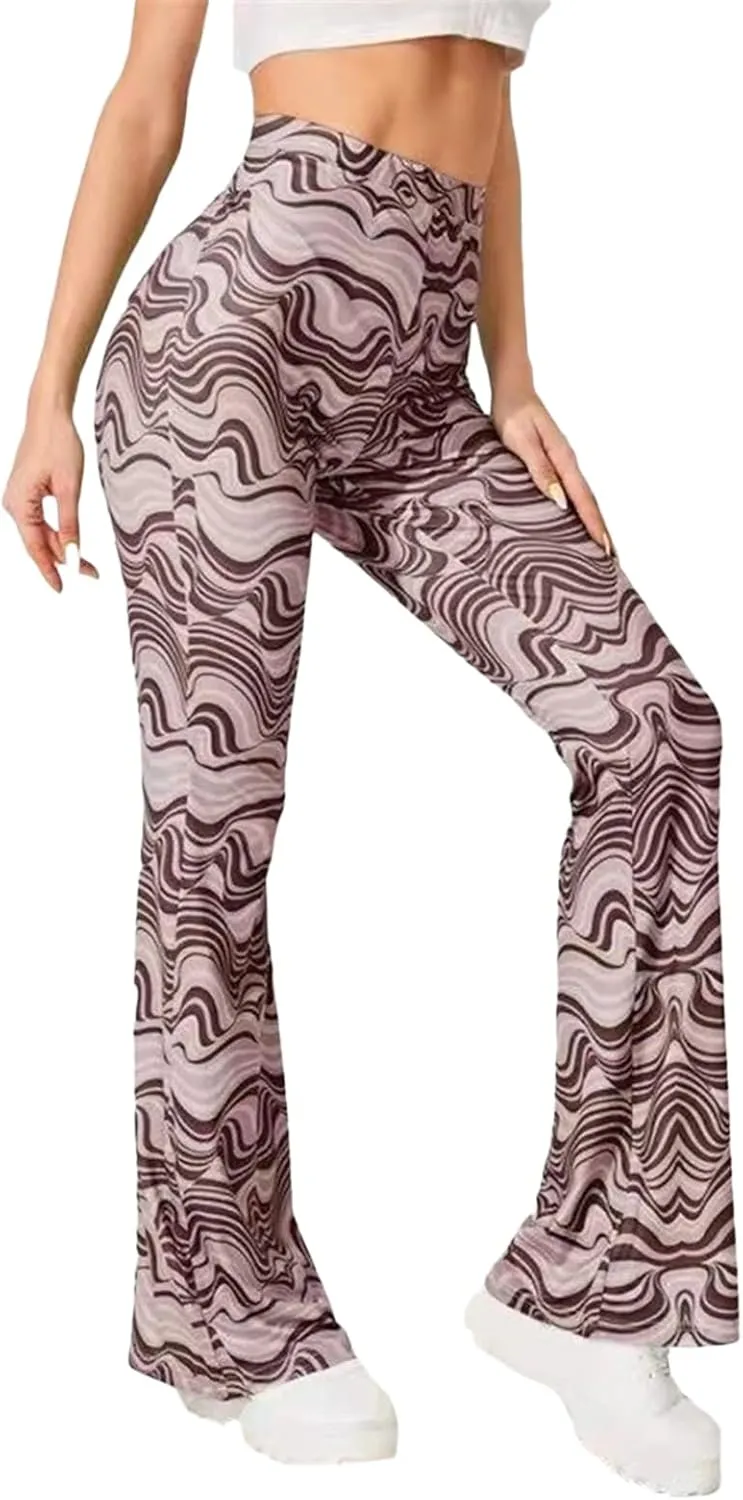 MAINESAKA Women Boho Flare Pants Floral Print High Waist Comfy Stretchy Slim Fits Yoga Bell Bottom Trousers
