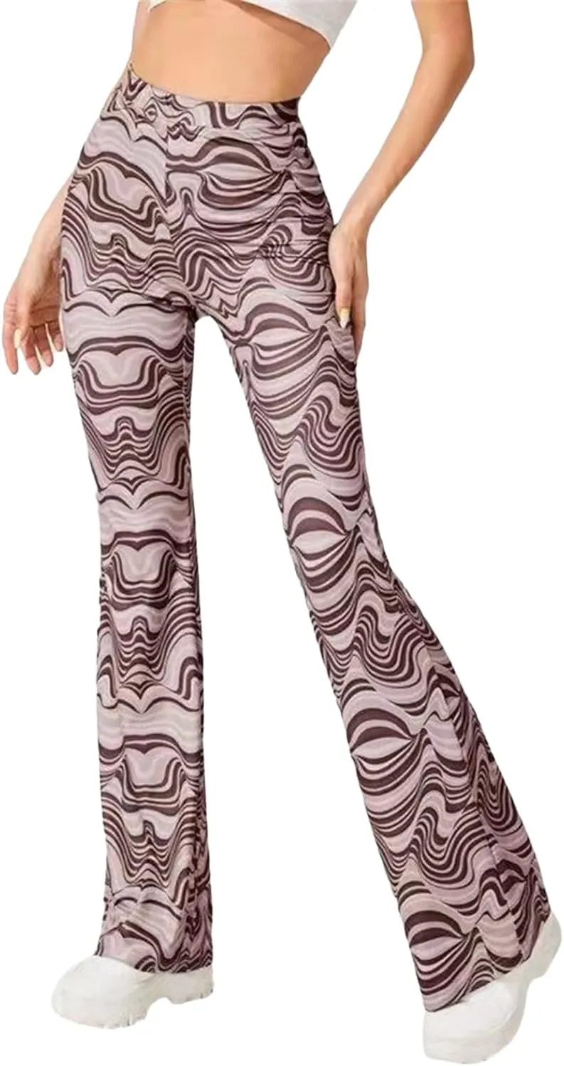 MAINESAKA Women Boho Flare Pants Floral Print High Waist Comfy Stretchy Slim Fits Yoga Bell Bottom Trousers