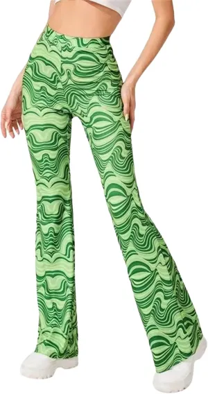 MAINESAKA Women Boho Flare Pants Floral Print High Waist Comfy Stretchy Slim Fits Yoga Bell Bottom Trousers