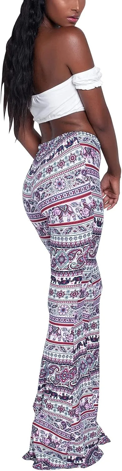 MAINESAKA Women Boho Flare Pants Floral Print High Waist Comfy Stretchy Slim Fits Yoga Bell Bottom Trousers