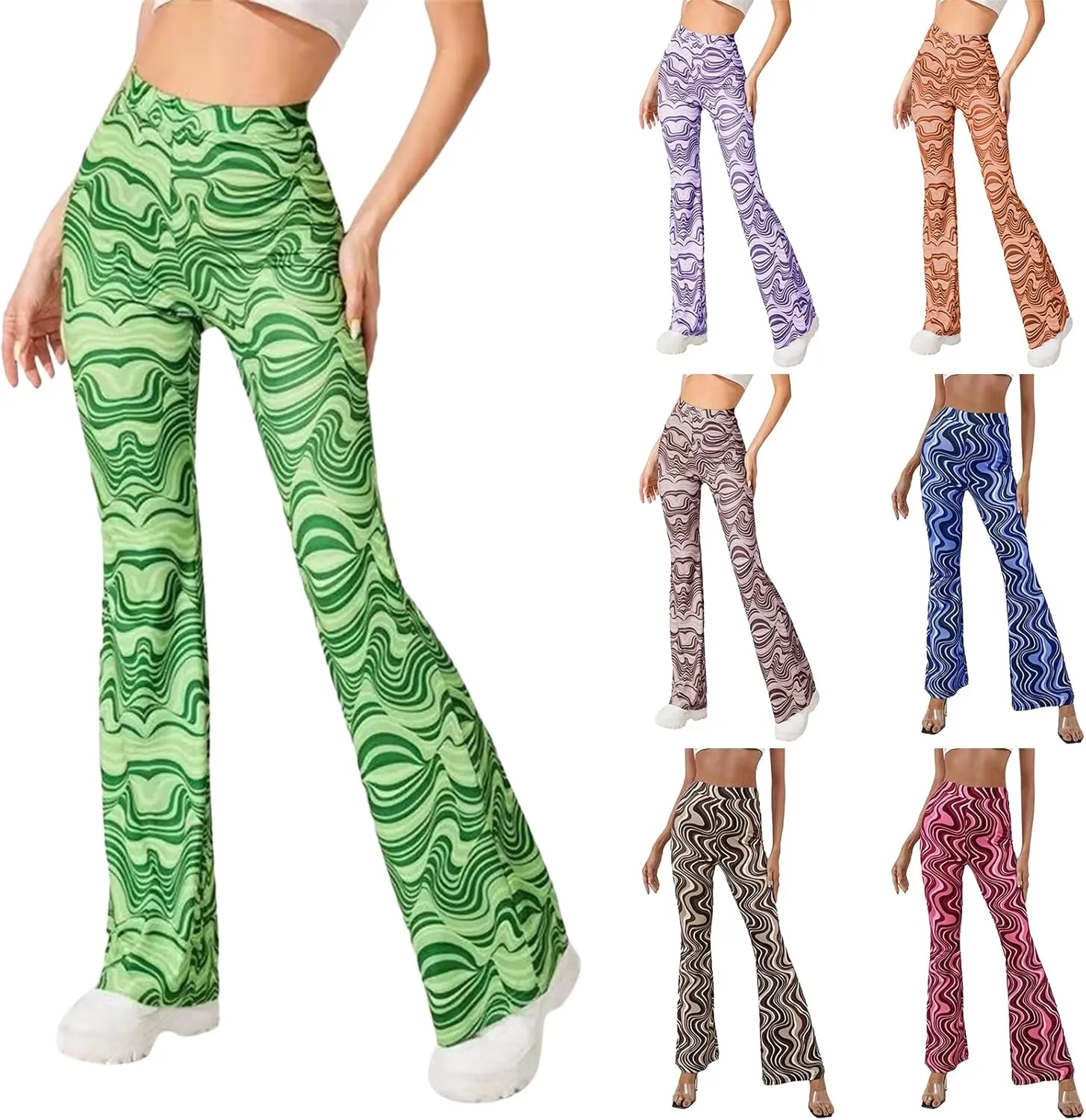 MAINESAKA Women Boho Flare Pants Floral Print High Waist Comfy Stretchy Slim Fits Yoga Bell Bottom Trousers