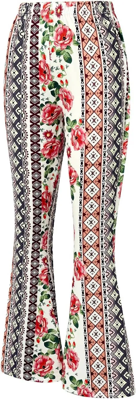 MAINESAKA Women Boho Flare Pants Floral Print High Waist Comfy Stretchy Slim Fits Yoga Bell Bottom Trousers