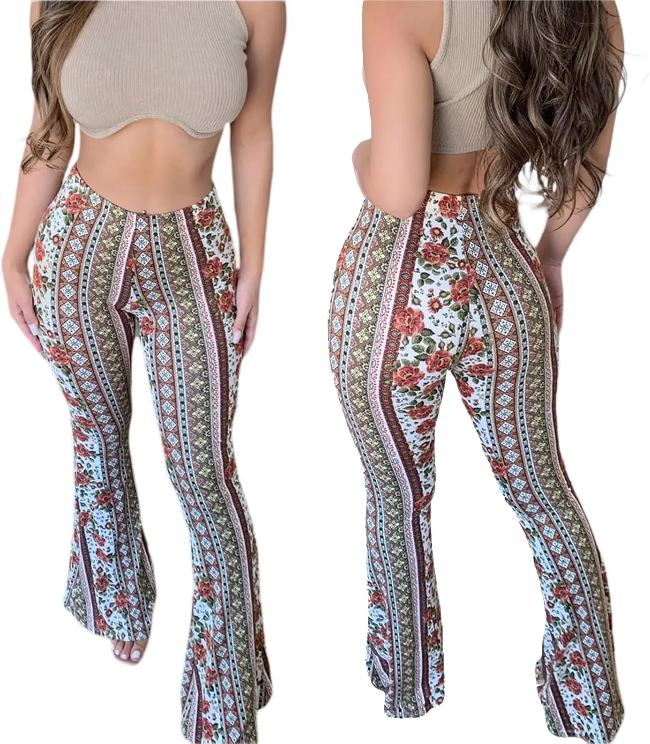 MAINESAKA Women Boho Flare Pants Floral Print High Waist Comfy Stretchy Slim Fits Yoga Bell Bottom Trousers