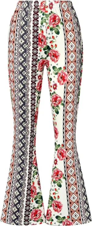 MAINESAKA Women Boho Flare Pants Floral Print High Waist Comfy Stretchy Slim Fits Yoga Bell Bottom Trousers