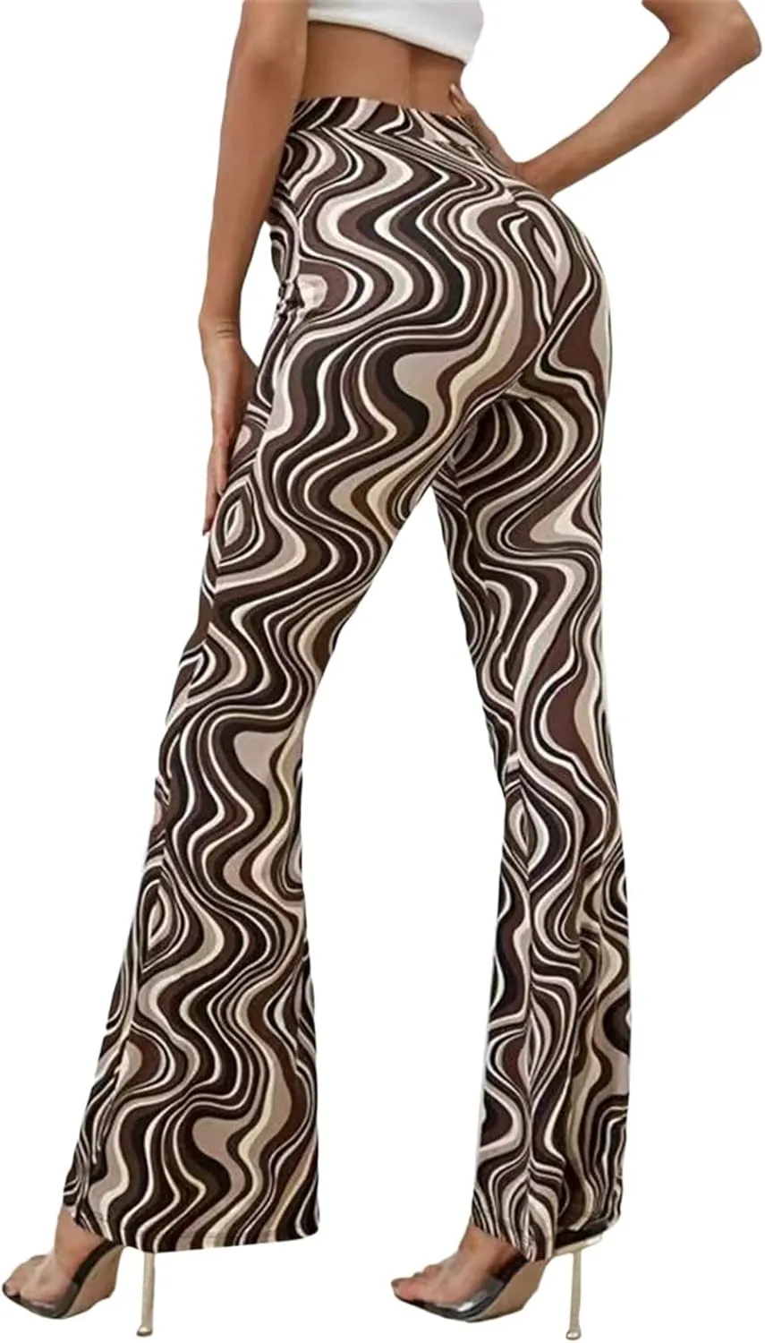 MAINESAKA Women Boho Flare Pants Floral Print High Waist Comfy Stretchy Slim Fits Yoga Bell Bottom Trousers