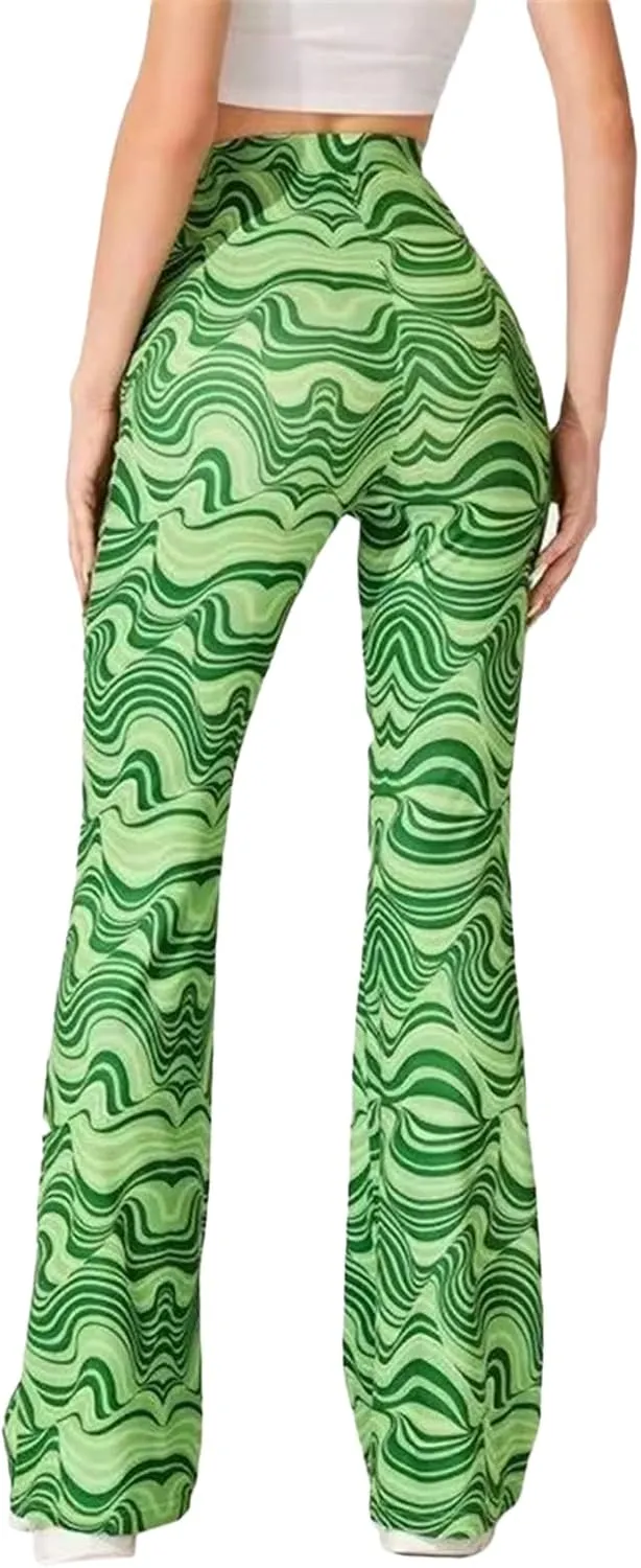MAINESAKA Women Boho Flare Pants Floral Print High Waist Comfy Stretchy Slim Fits Yoga Bell Bottom Trousers