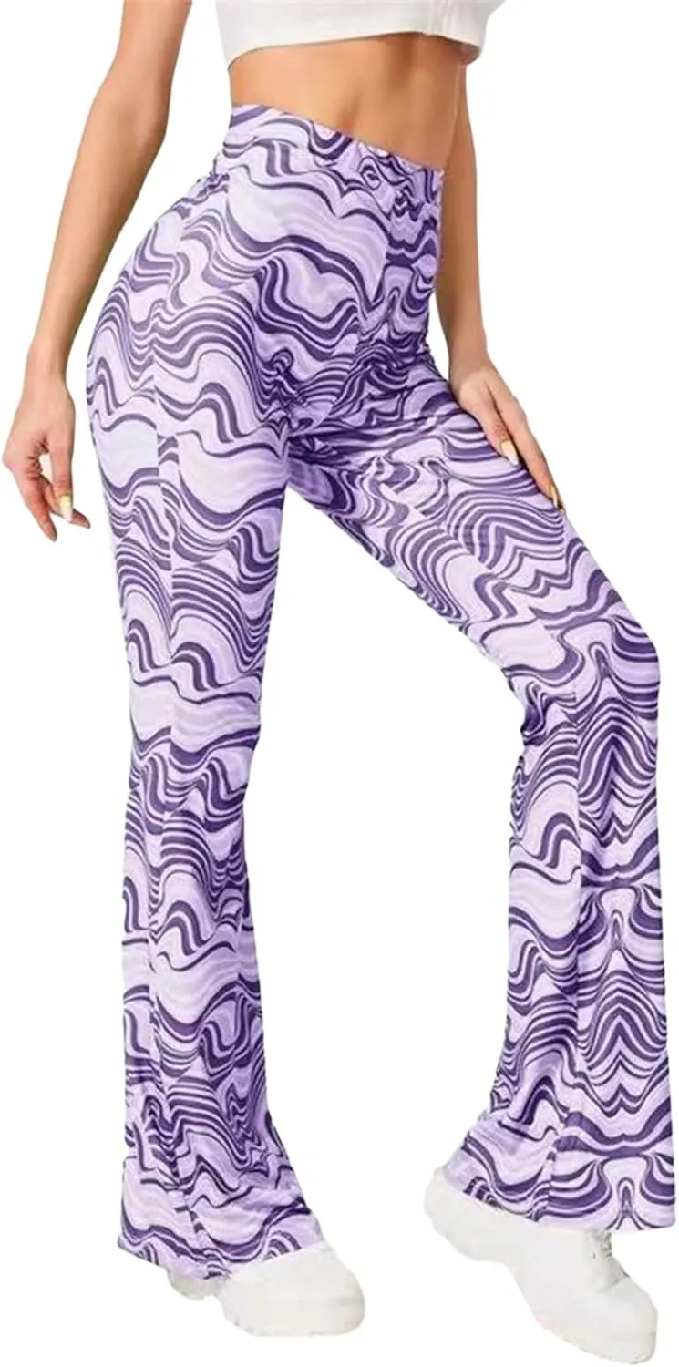 MAINESAKA Women Boho Flare Pants Floral Print High Waist Comfy Stretchy Slim Fits Yoga Bell Bottom Trousers