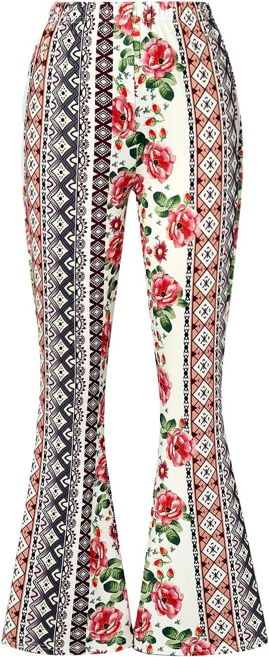 MAINESAKA Women Boho Flare Pants Floral Print High Waist Comfy Stretchy Slim Fits Yoga Bell Bottom Trousers