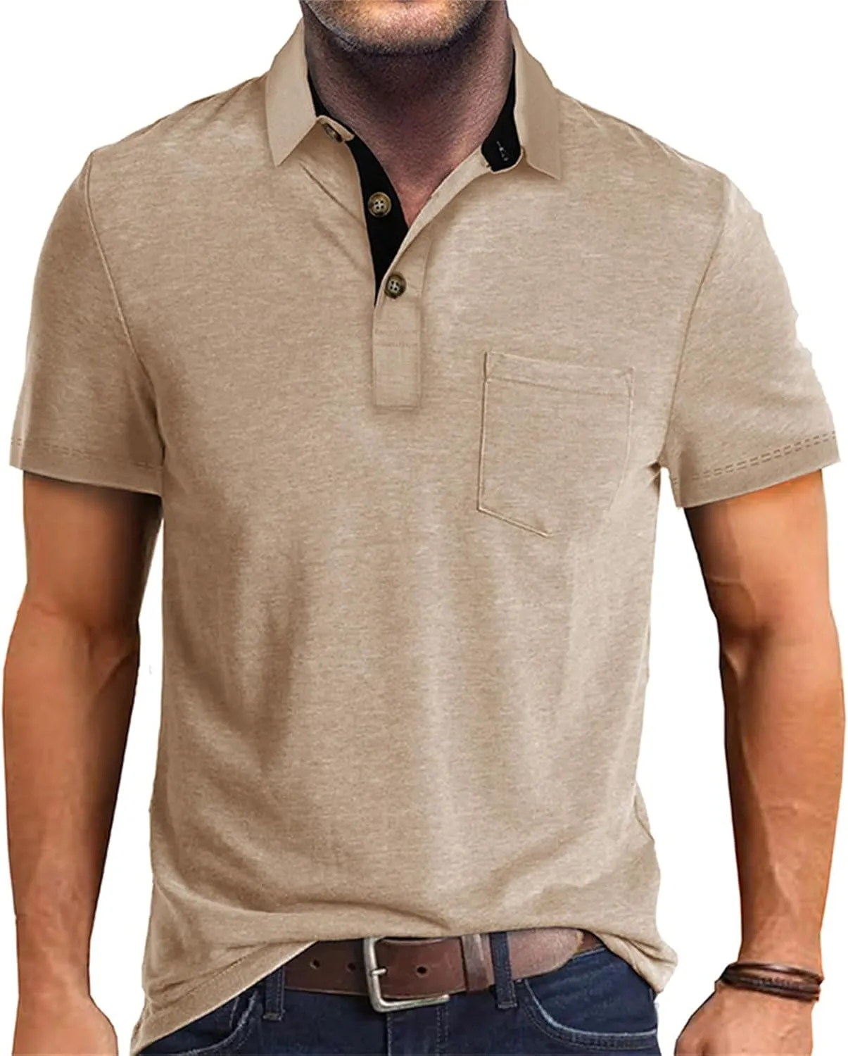 Mens Athletic Short Sleeve Polo Shirts Casual Moisture Wicking Golf Shirts Buttons Collared Solid T Shirts with Pocket