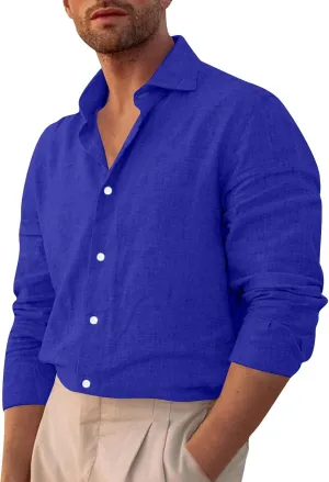 Men's Button Down Shirts Long Sleeve Casual Beach Shirts Vacation Wedding Party Vintage Dress Shirts with Pocket