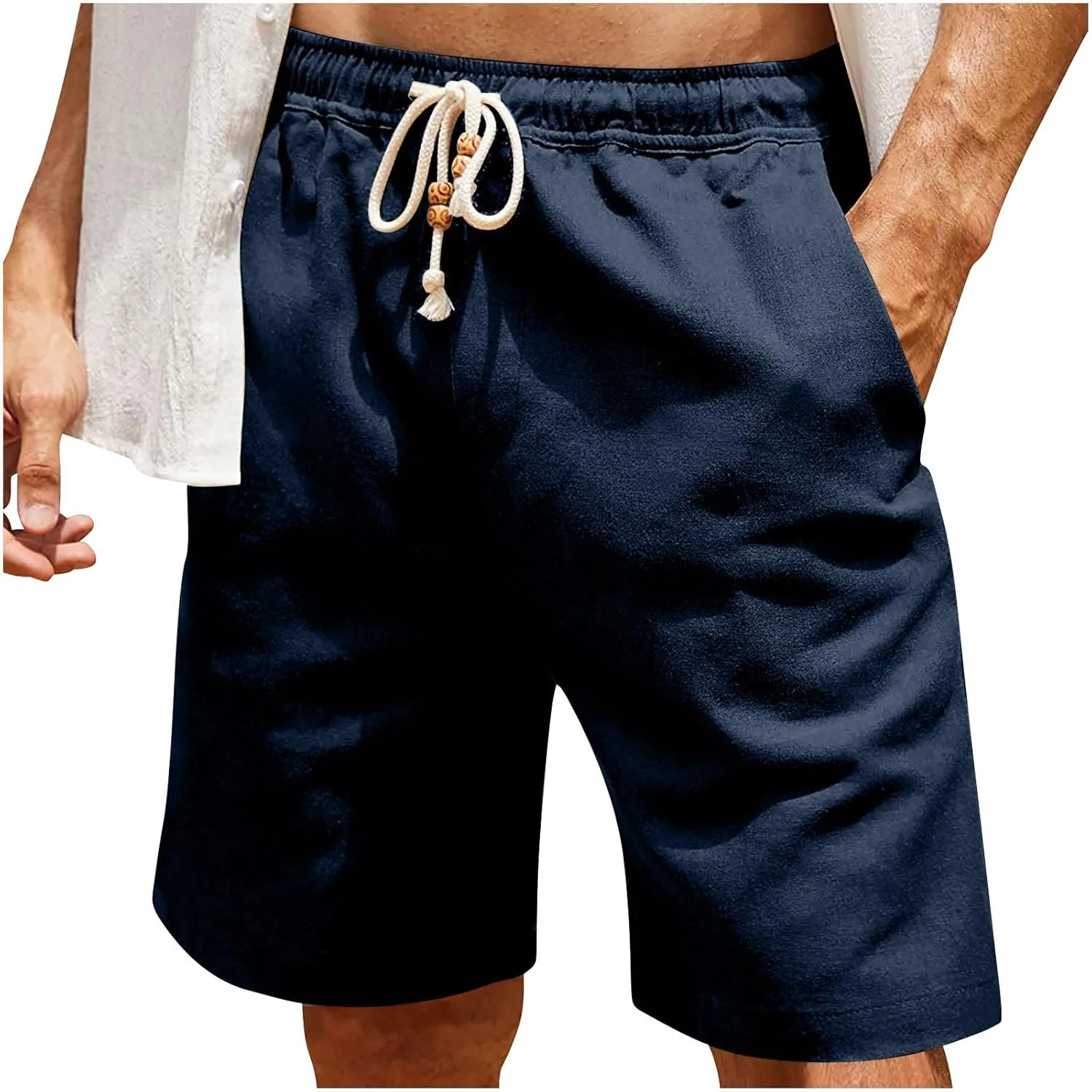 Men's Casual Cotton Linen Shorts 2024 11 Inch Inseam Shorts Summer Beach Shorts Drawstring Stretch Elastic Waistband Shorts