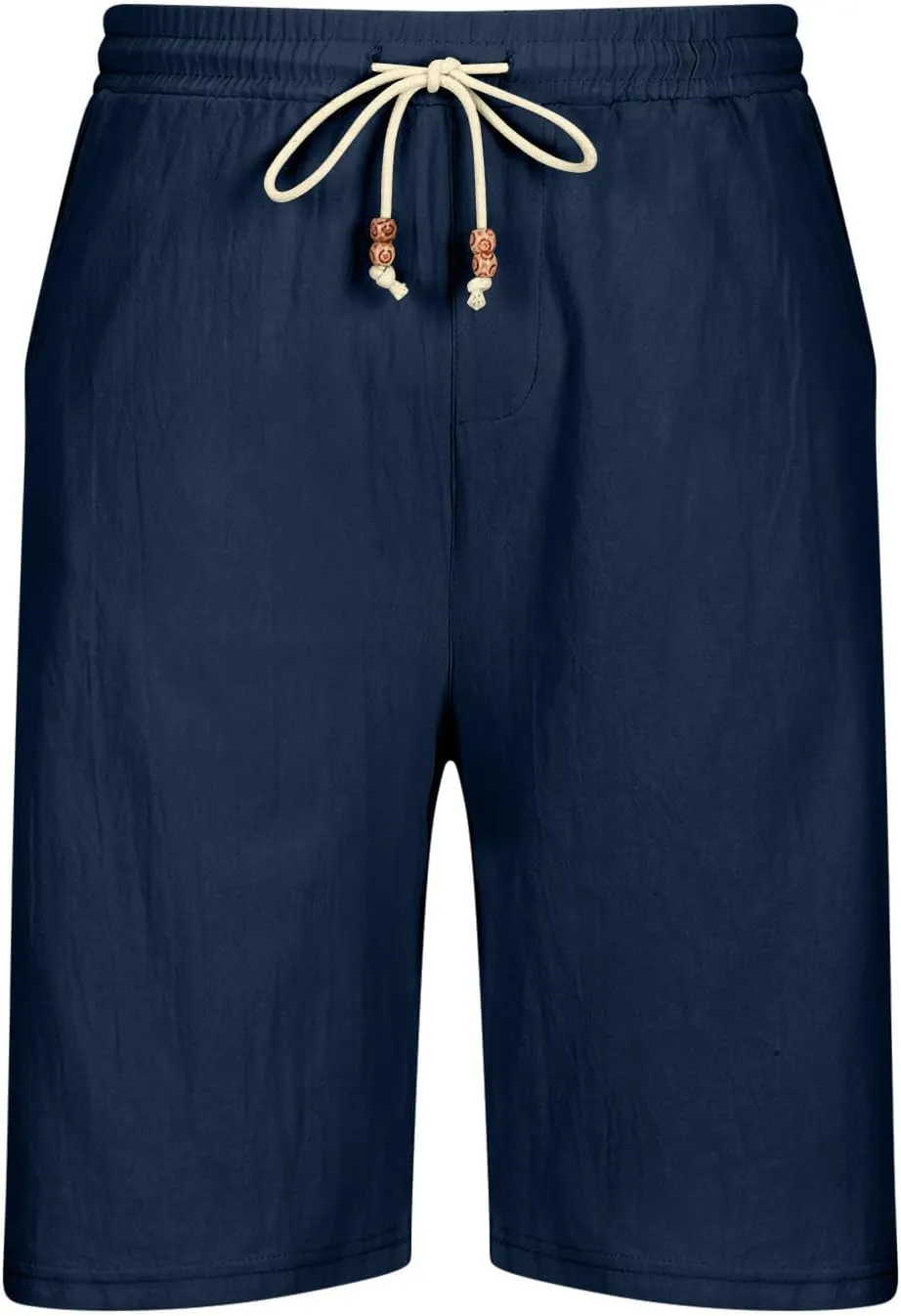 Men's Casual Cotton Linen Shorts 2024 11 Inch Inseam Shorts Summer Beach Shorts Drawstring Stretch Elastic Waistband Shorts