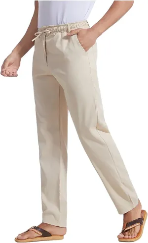 Men's Casual Pants Cotton Twill Linen Relaxed Fit Options with Elastic Waist Drawstring Pockets for Everyday Wear
