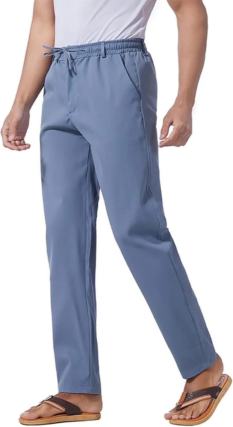 Men's Casual Pants Cotton Twill Linen Relaxed Fit Options with Elastic Waist Drawstring Pockets for Everyday Wear
