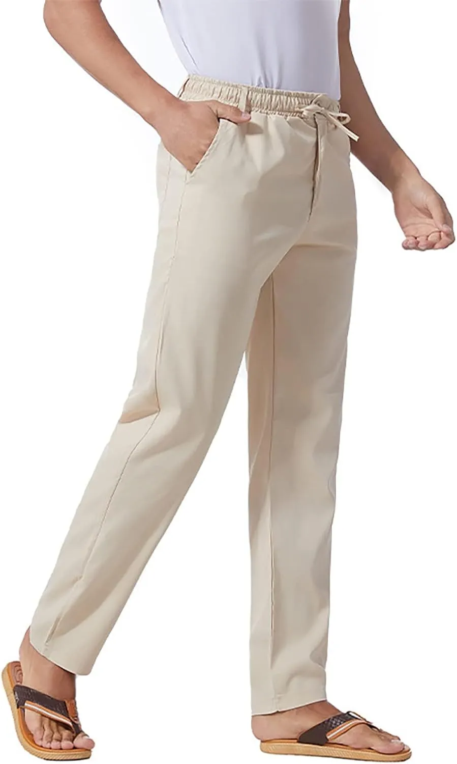 Men's Casual Pants Cotton Twill Linen Relaxed Fit Options with Elastic Waist Drawstring Pockets for Everyday Wear
