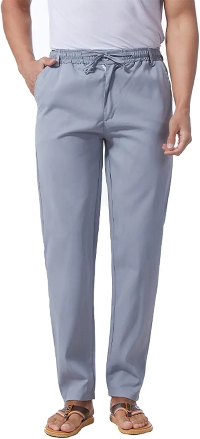 Men's Casual Pants Cotton Twill Linen Relaxed Fit Options with Elastic Waist Drawstring Pockets for Everyday Wear