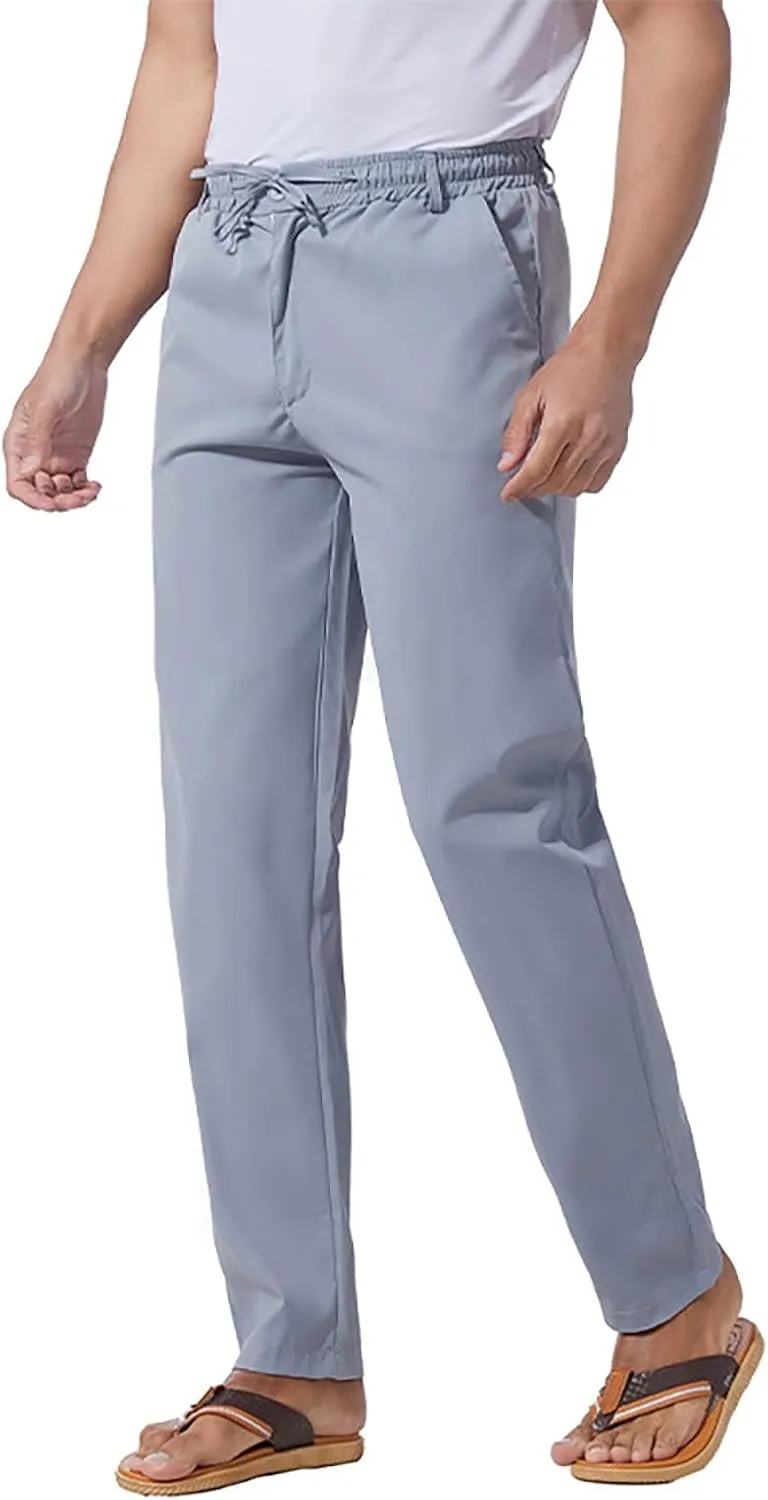 Men's Casual Pants Cotton Twill Linen Relaxed Fit Options with Elastic Waist Drawstring Pockets for Everyday Wear