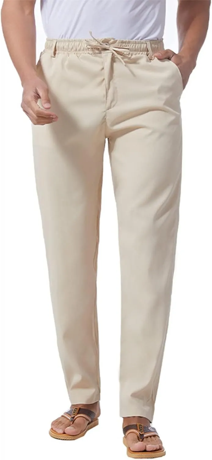 Men's Casual Pants Cotton Twill Linen Relaxed Fit Options with Elastic Waist Drawstring Pockets for Everyday Wear