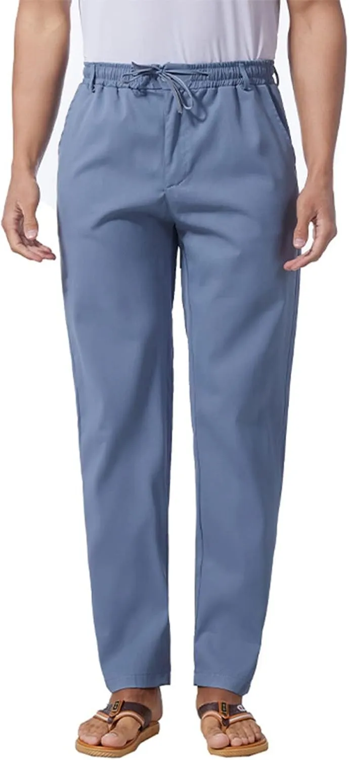 Men's Casual Pants Cotton Twill Linen Relaxed Fit Options with Elastic Waist Drawstring Pockets for Everyday Wear