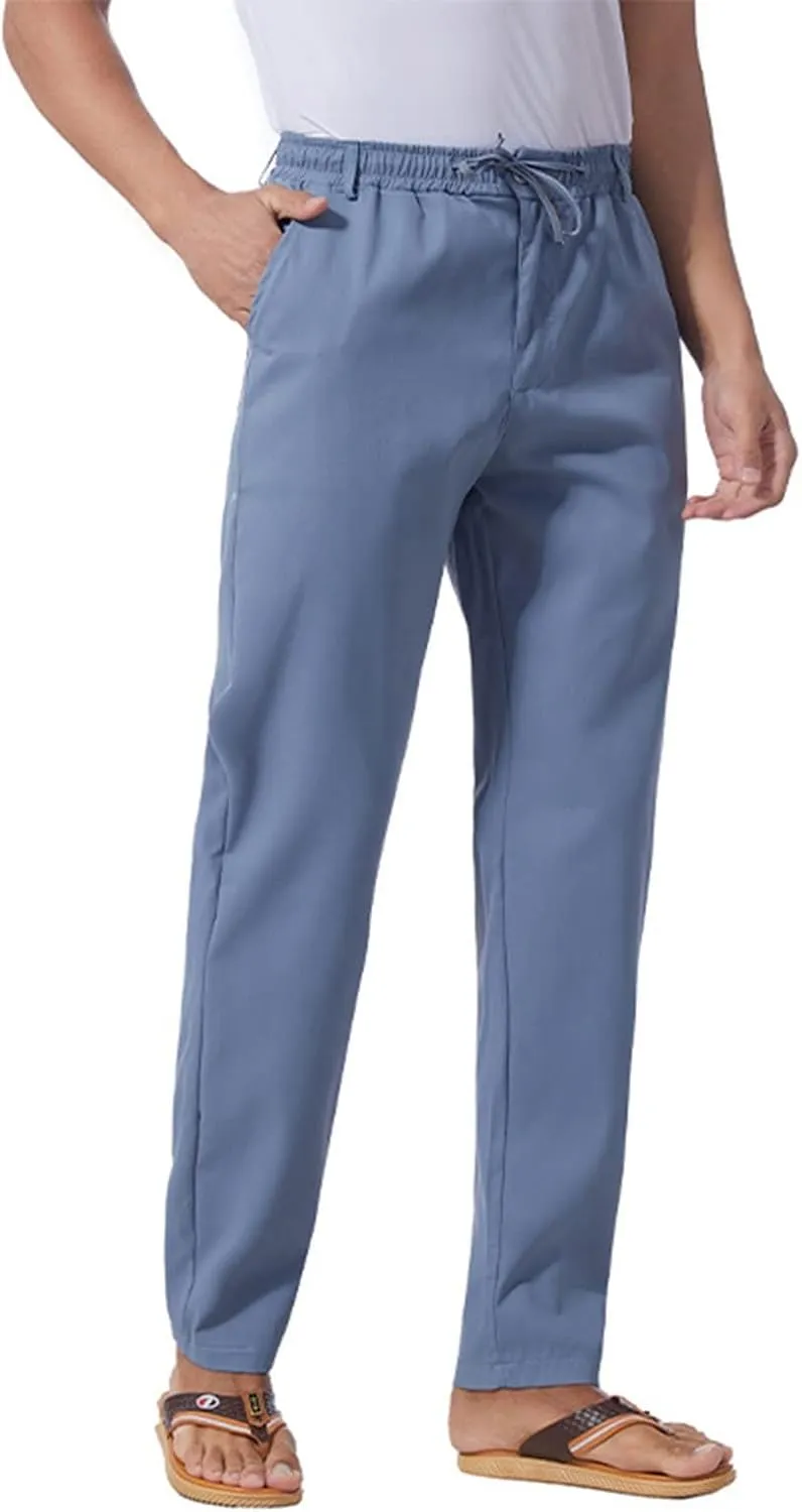 Men's Casual Pants Cotton Twill Linen Relaxed Fit Options with Elastic Waist Drawstring Pockets for Everyday Wear