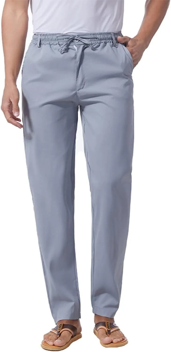 Men's Casual Pants Cotton Twill Linen Relaxed Fit Options with Elastic Waist Drawstring Pockets for Everyday Wear