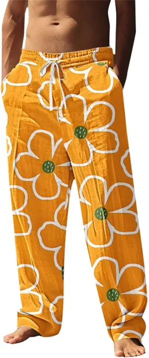 Mens Casual Pants Relaxed Fit Flower Print Pants Plus Size Baggy Beach Vacation Slacks Drawstring Waist Trousers
