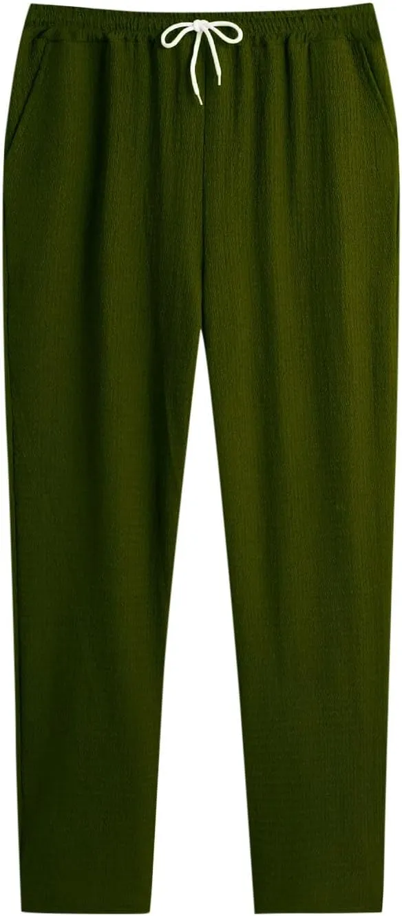 Mens Casual Pants Relaxed Fit Wide Leg Trousers High-Rise Summer Elastic Waist Drawstring Casual Flat Front Pants