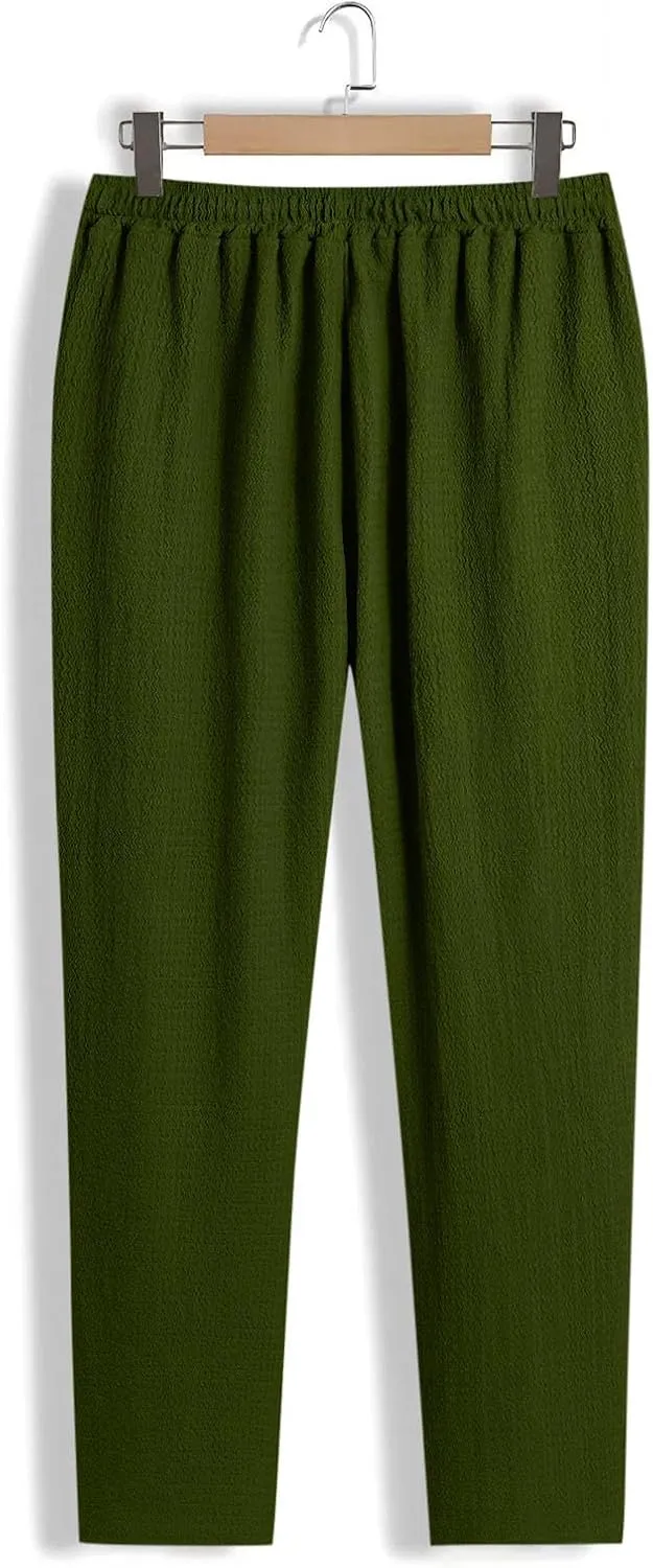 Mens Casual Pants Relaxed Fit Wide Leg Trousers High-Rise Summer Elastic Waist Drawstring Casual Flat Front Pants