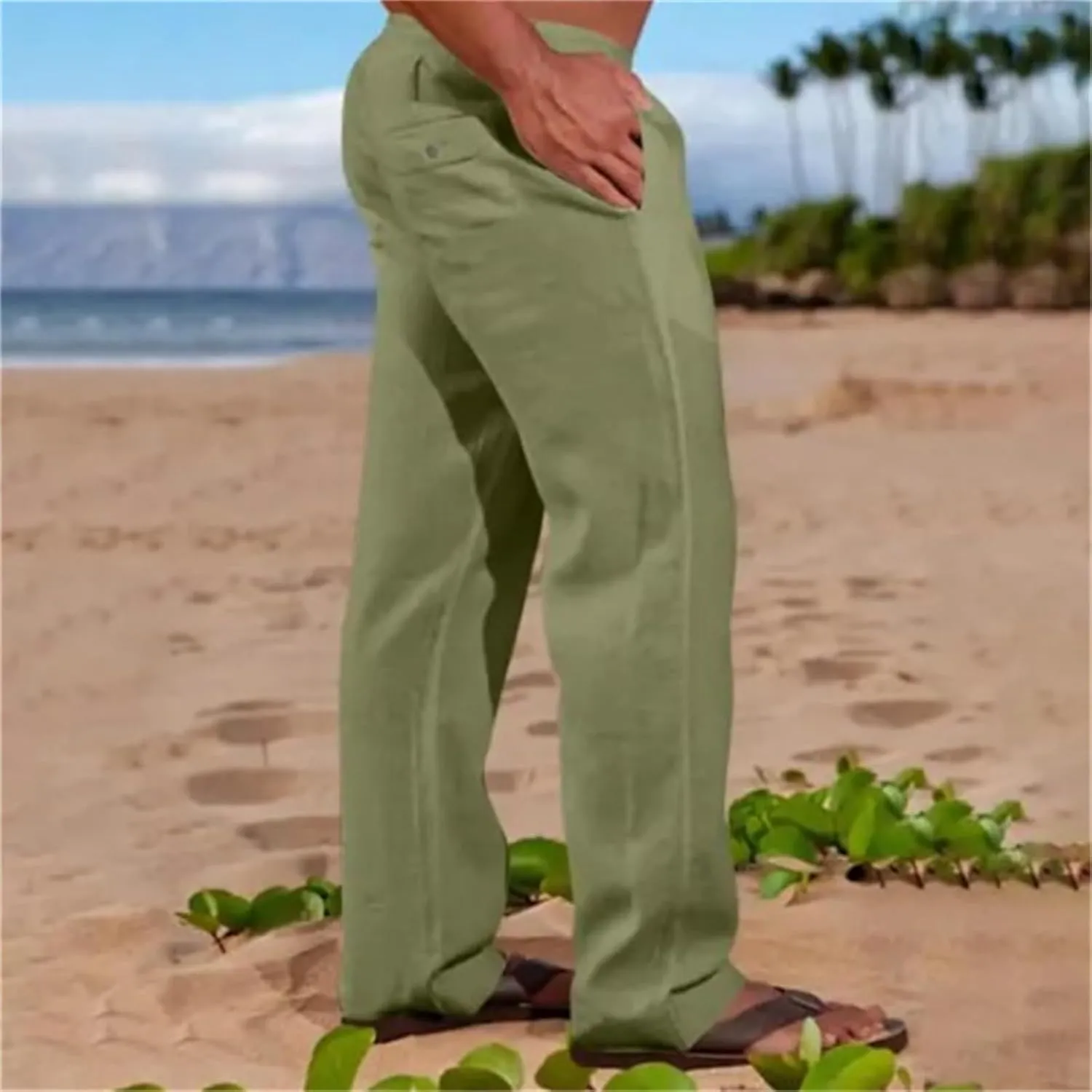 Mens Cotton Linen Pants Basic Casual Relaxed Fit Yoga Beach Sport Trousers Solid Color Breathable Elastic Drawstring