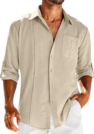Mens Cuban Guayabera Shirt Casual Button Down Shirts Long Sleeve Summer Beach Shirts Cotton Linen Shirts for Men