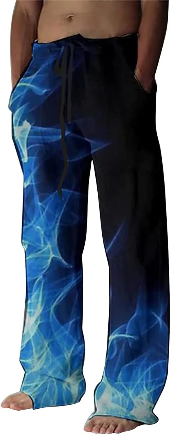 Mens Fashion Casual Printing Linen Pocket Lace Up Pants Joggers Relaxed Fit Stretch Sweatpants Athletic Pants