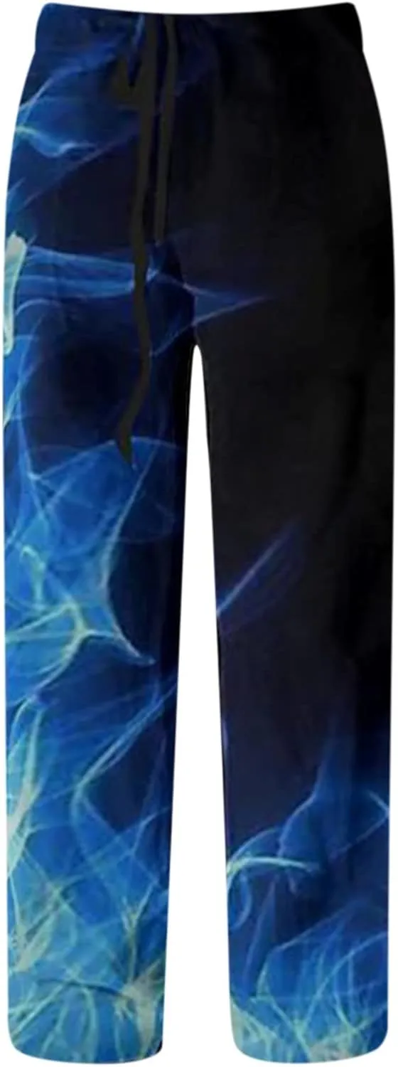 Mens Fashion Casual Printing Linen Pocket Lace Up Pants Joggers Relaxed Fit Stretch Sweatpants Athletic Pants
