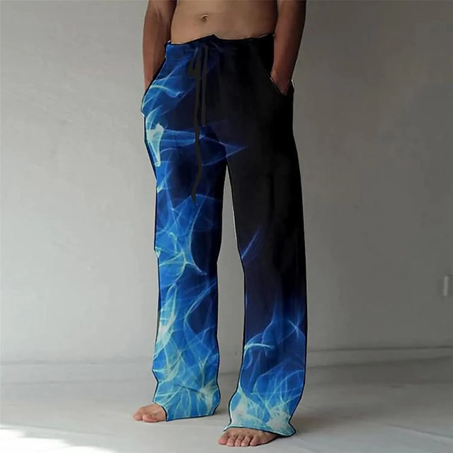 Mens Fashion Casual Printing Linen Pocket Lace Up Pants Joggers Relaxed Fit Stretch Sweatpants Athletic Pants