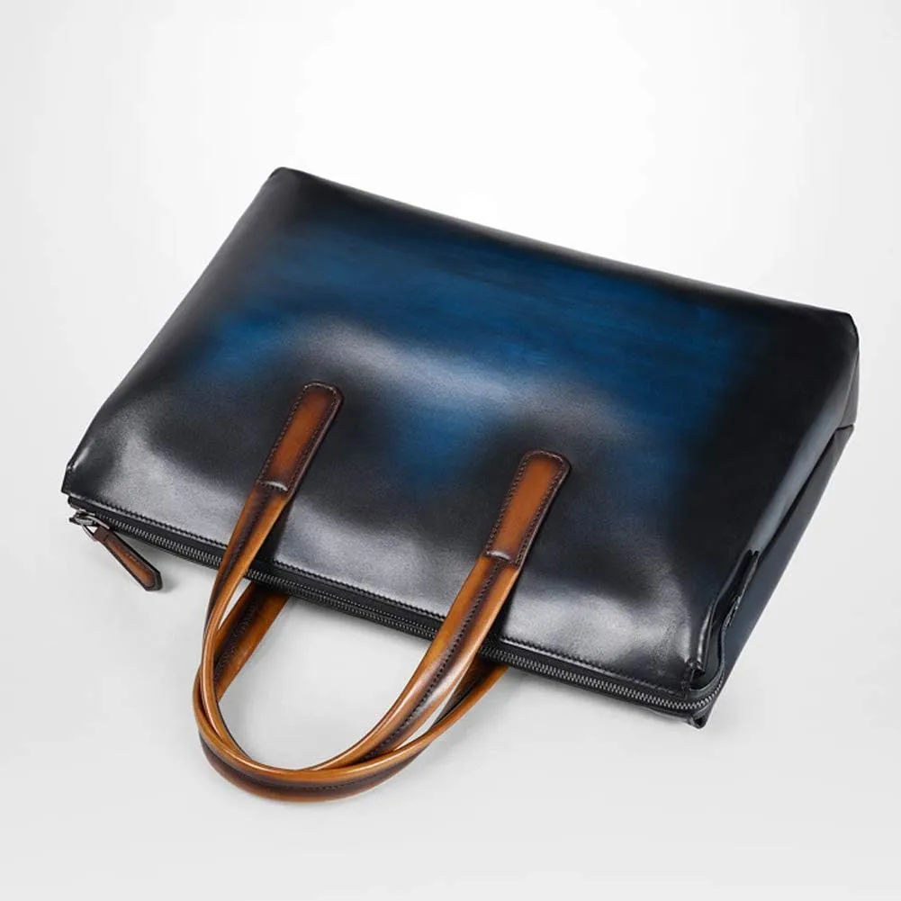 Men's Genuine Leather Briefcase Large Capacity Business Tote (Blue, One_Size)