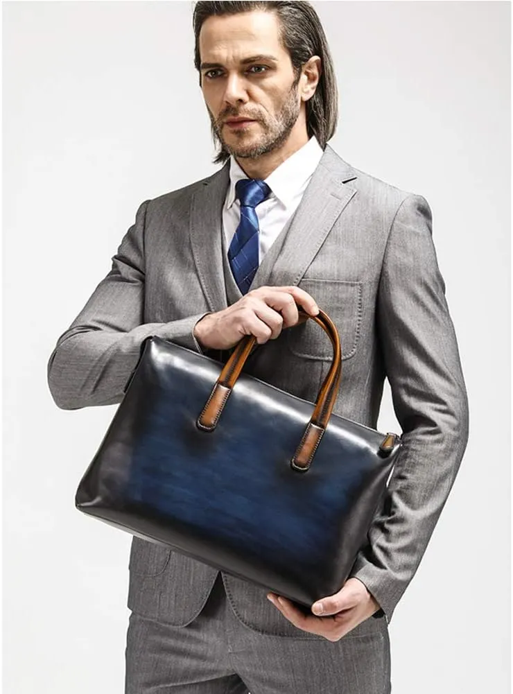 Men's Genuine Leather Briefcase Large Capacity Business Tote (Blue, One_Size)