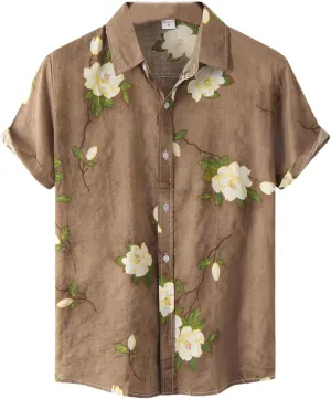 Men's Hawaiian Floral Shirts Cotton Linen Button Down Tropical Holiday Beach Shirts Regular Fit Short Sleeve Shirts Top