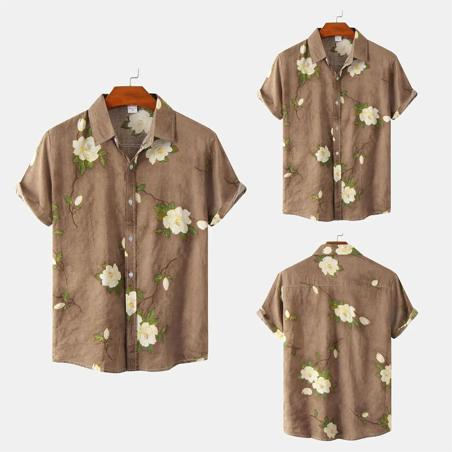 Men's Hawaiian Floral Shirts Cotton Linen Button Down Tropical Holiday Beach Shirts Regular Fit Short Sleeve Shirts Top