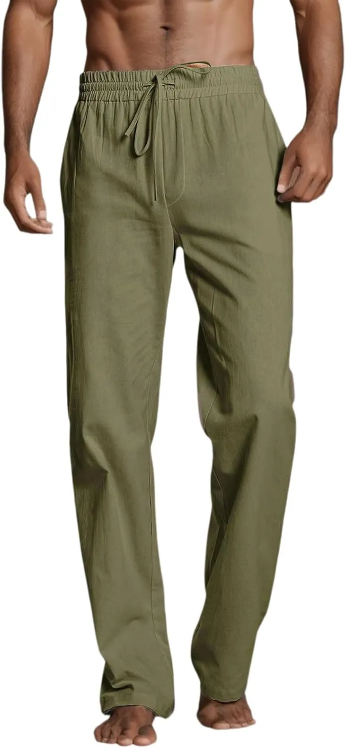 Mens Linen Pants Lightweight Casual Relaxed Fit Wide Leg Trousers Breathable Drawstring Waist Pants Baggy Joggers