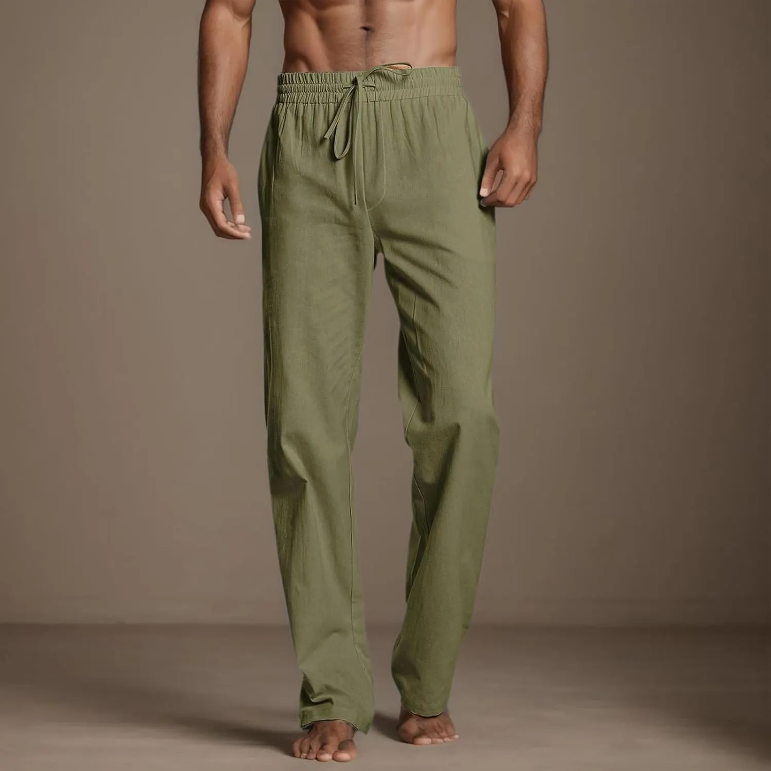 Mens Linen Pants Lightweight Casual Relaxed Fit Wide Leg Trousers Breathable Drawstring Waist Pants Baggy Joggers