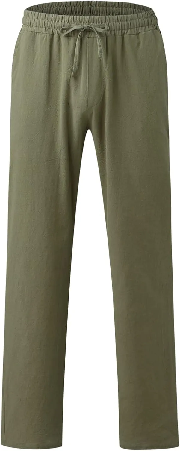 Mens Linen Pants Lightweight Casual Relaxed Fit Wide Leg Trousers Breathable Drawstring Waist Pants Baggy Joggers