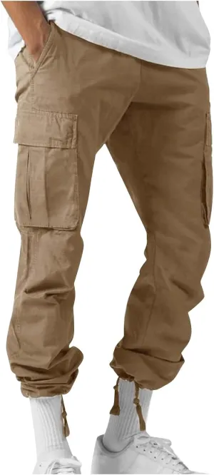 Mens Pants Cargo Drawstring Elastic Waist Sweatpants with Zipper Pockets Relaxed Fit Baggy Pants Joggers Trousers