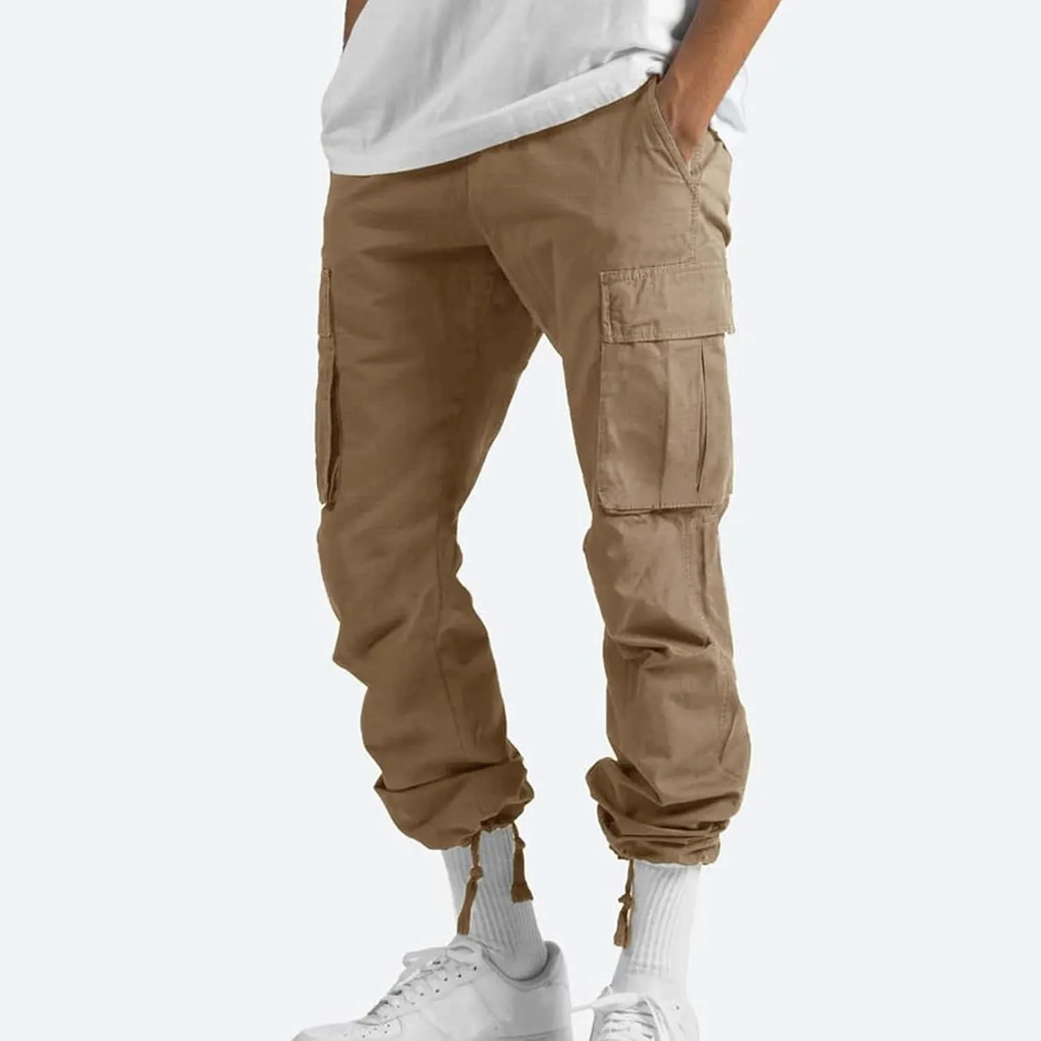 Mens Pants Cargo Drawstring Elastic Waist Sweatpants with Zipper Pockets Relaxed Fit Baggy Pants Joggers Trousers